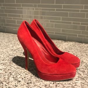 Also Red suede platform pointy high heels